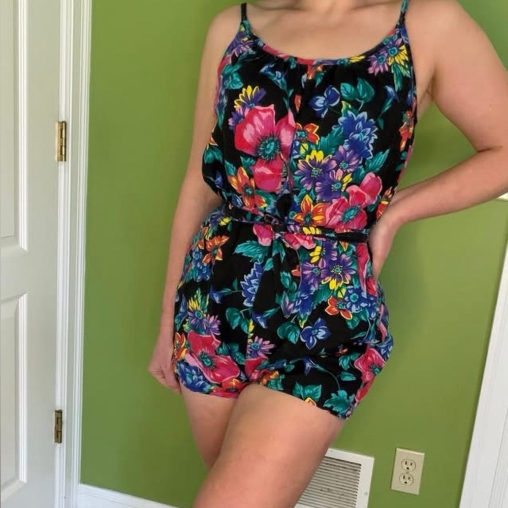 Vintage floral print sunsuit / playsuit / swimsuit